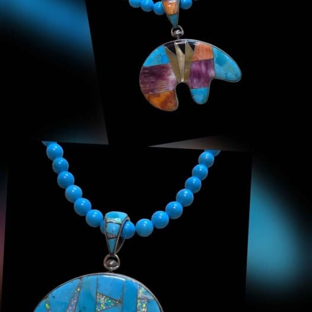 Southwest Reversible Turquoise & Spiny Oyster Sterling Silver Bear Pendant